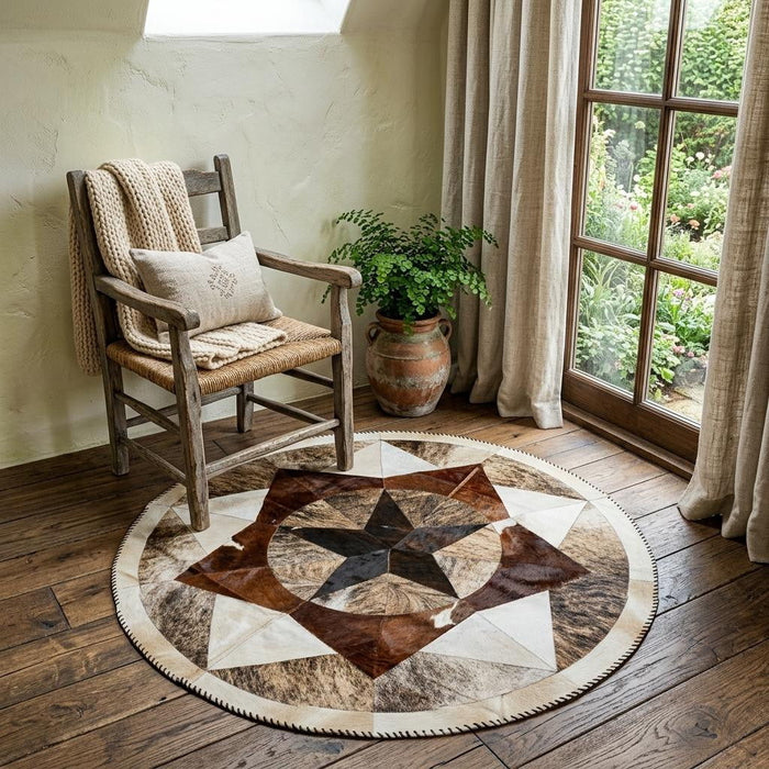 5' Cowhide Patchwork Round Rug (544487) - Brown