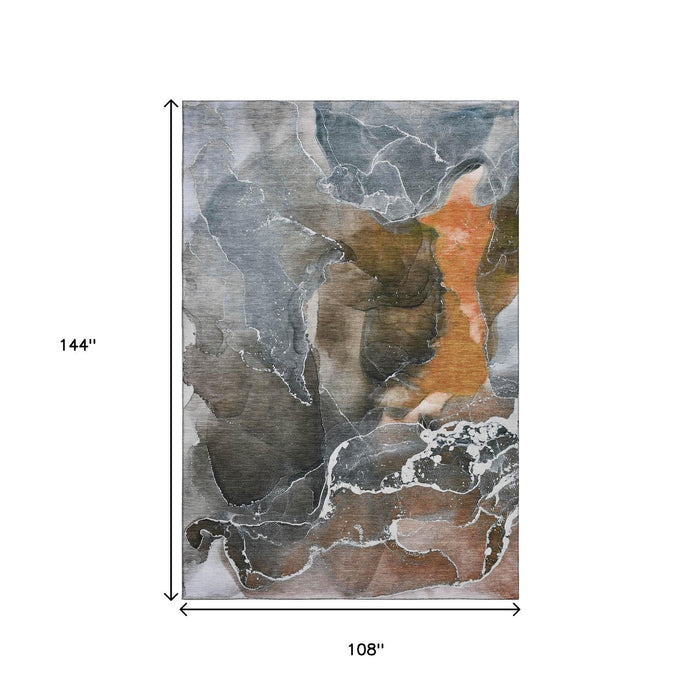 9' X 12' Abstract Washable Area Rug With UV Protection (646691) - Orange / Charcoal