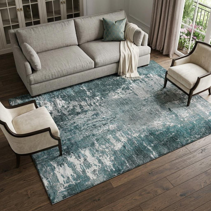 8' X 10' Abstract Washable Area Rug With UV Protection (657525) - Teal / Ivory