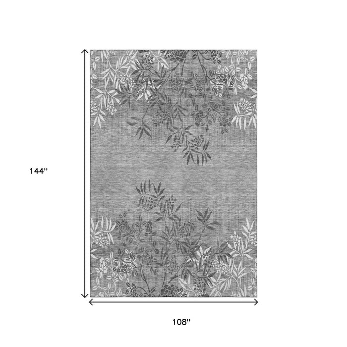 9' X 12' Floral Washable Area Rug With UV Protection (655667) - Pewter / Ivory