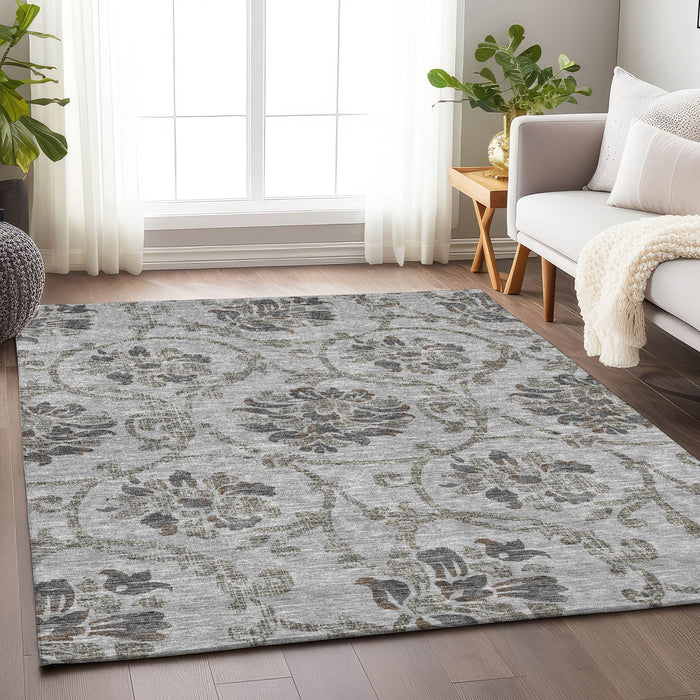 10' X 14' Floral Washable Area Rug With UV Protection - Gray And Taupe