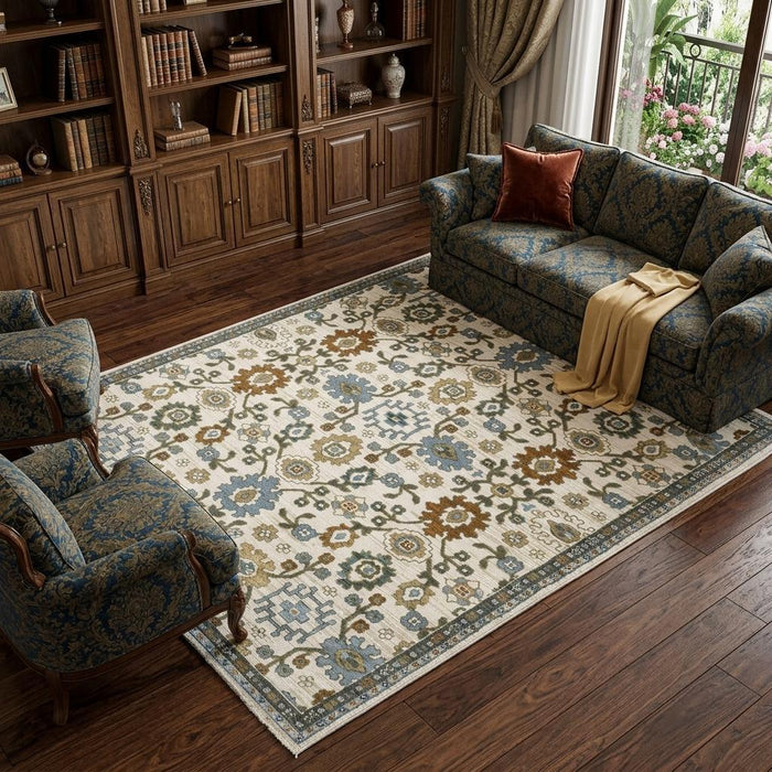 10' X 13' Floral Area Rug With Fringe (575088) - Ivory / Blue / Brown