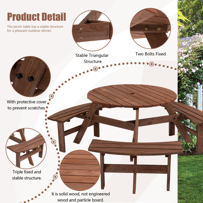 Giga 6-person circular outdoor wooden picnic table with three built-in benches, suitable for patio, backyard, or garden dining.