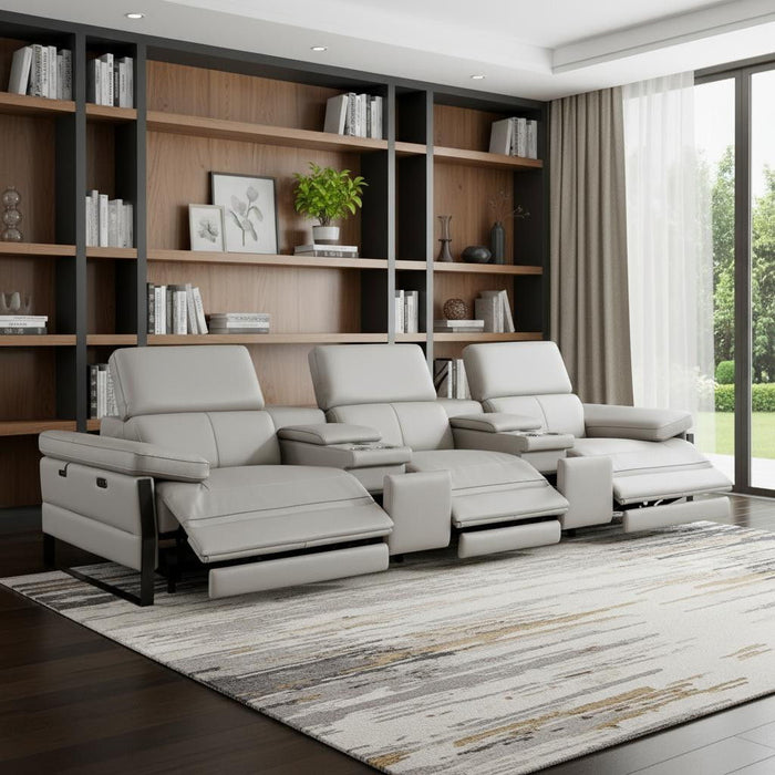 Top Grain Leather Reclining Metal USB Sofa (720341) - Light Gray