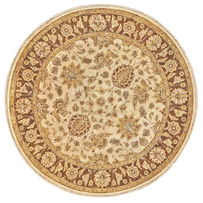 8' Wool Oriental Hand Knotted Round Rug - Ivory Gold And Brown