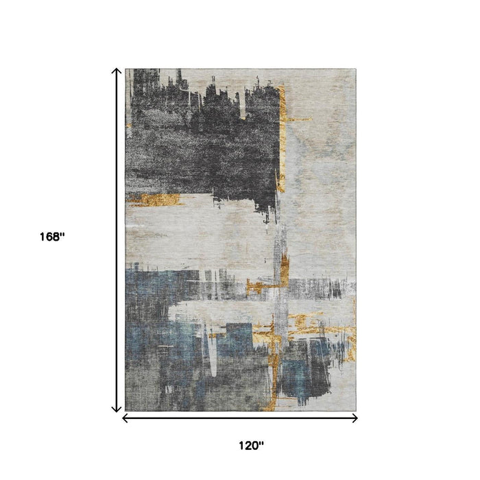 10' X 14' Abstract Washable Area Rug With UV Protection (652689) - Charcoal / Ivory / Gold