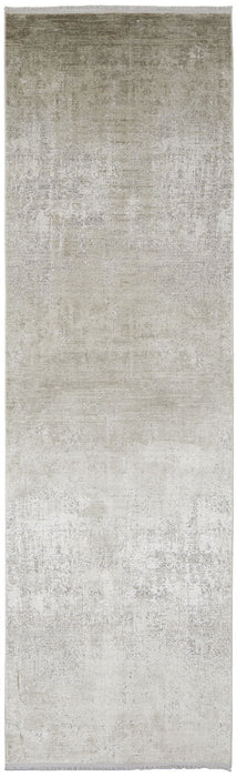 3' x 10' Abstract Power Loom Distressed Runner Rug With Fringe - Tan Ivory And Gray