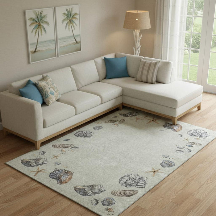 8' X 10' Geometric Washable Area Rug With UV Protection (646053) - Linen / Ivory / Beige