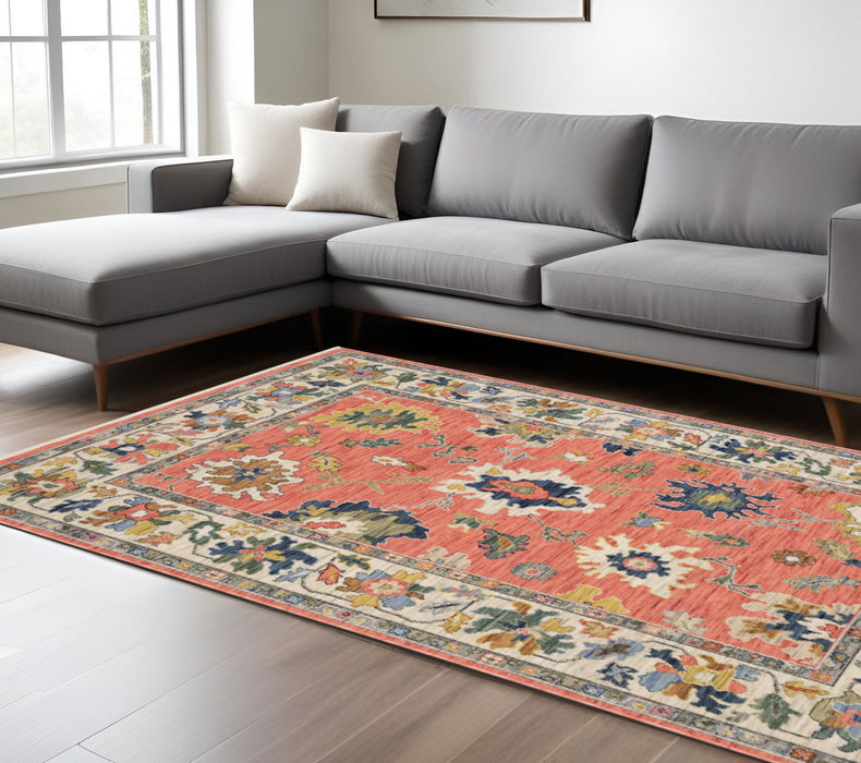 7' X 10' Oriental Area Rug With Fringe - Salmon