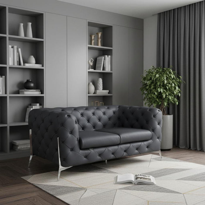 Italian Leather Loveseat - Gray / Silver