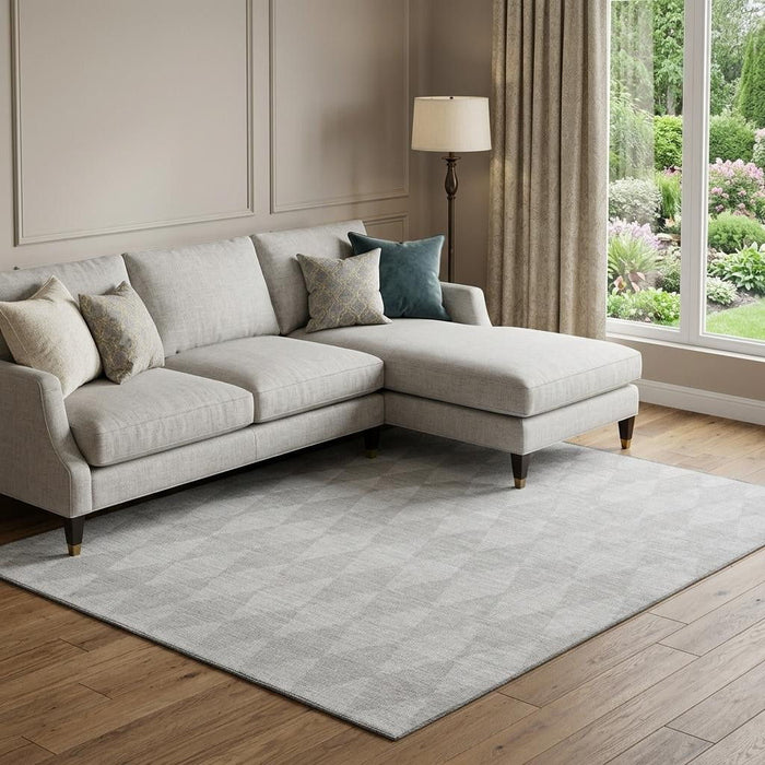 9' X 12' Diamond Washable Area Rug With UV Protection (650103) - Pewter / Ivory