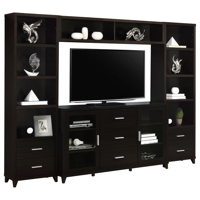 CoasterEssence Lewes 4-piece 60-inch TV entertainment center in cappuccino finish, featuring open shelves and storage compartments.
