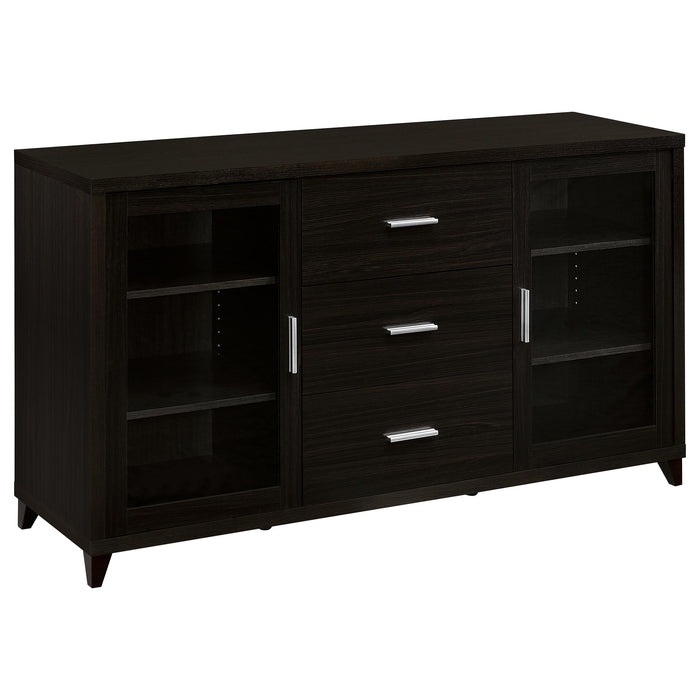 CoasterEssence Lewes 4-piece 60-inch TV entertainment center in cappuccino with shelves and compartments for media storage.