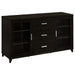 CoasterEssence Lewes 4-piece 60-inch TV entertainment center in cappuccino with shelves and compartments for media storage.