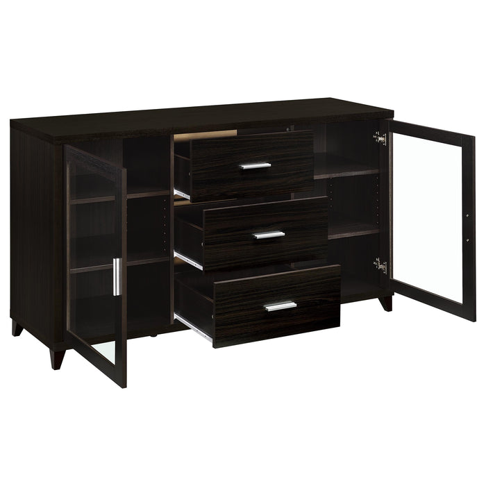 CoasterEssence Lewes 4-piece 60-inch TV entertainment center in cappuccino, showcasing open shelves and storage cabinets.
