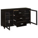 CoasterEssence Lewes 4-piece 60-inch TV entertainment center in cappuccino, showcasing open shelves and storage cabinets.
