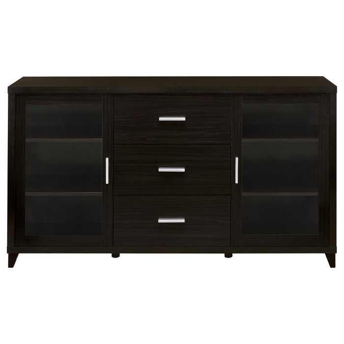 CoasterEssence Lewes 4-piece 60-inch TV entertainment center in cappuccino finish, featuring multiple storage compartments and open shelves.