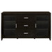 CoasterEssence Lewes 4-piece 60-inch TV entertainment center in cappuccino finish, featuring multiple storage compartments and open shelves.