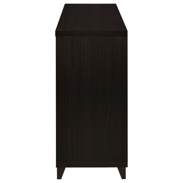 Lewes 4-piece 60-inch TV entertainment center in cappuccino wood finish, with shelves and cabinets, by CoasterEssence.