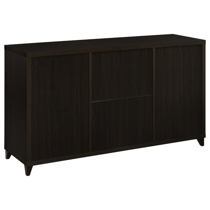 CoasterEssence Lewes 4-piece 60-inch TV entertainment center in cappuccino finish with open shelves and storage compartments.