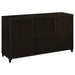 CoasterEssence Lewes 4-piece 60-inch TV entertainment center in cappuccino finish with open shelves and storage compartments.