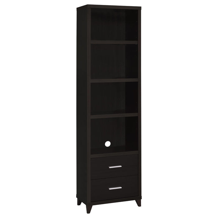 Lewes 4-piece 60-inch TV entertainment center in cappuccino finish, featuring open shelves and storage compartments by CoasterEssence.