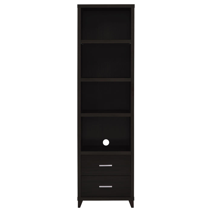 CoasterEssence Lewes 4-piece 60-inch TV entertainment center in cappuccino with open shelves and storage compartments.