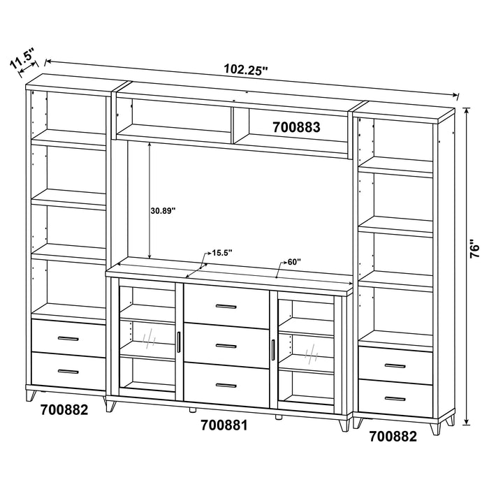Lewes 4-piece 60-inch TV entertainment center in cappuccino finish by CoasterEssence, featuring open shelves and storage compartments.