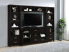 Lewes 2-door engineered wood TV stand in cappuccino finish, featuring sleek design and storage compartments, by CoasterEssence.