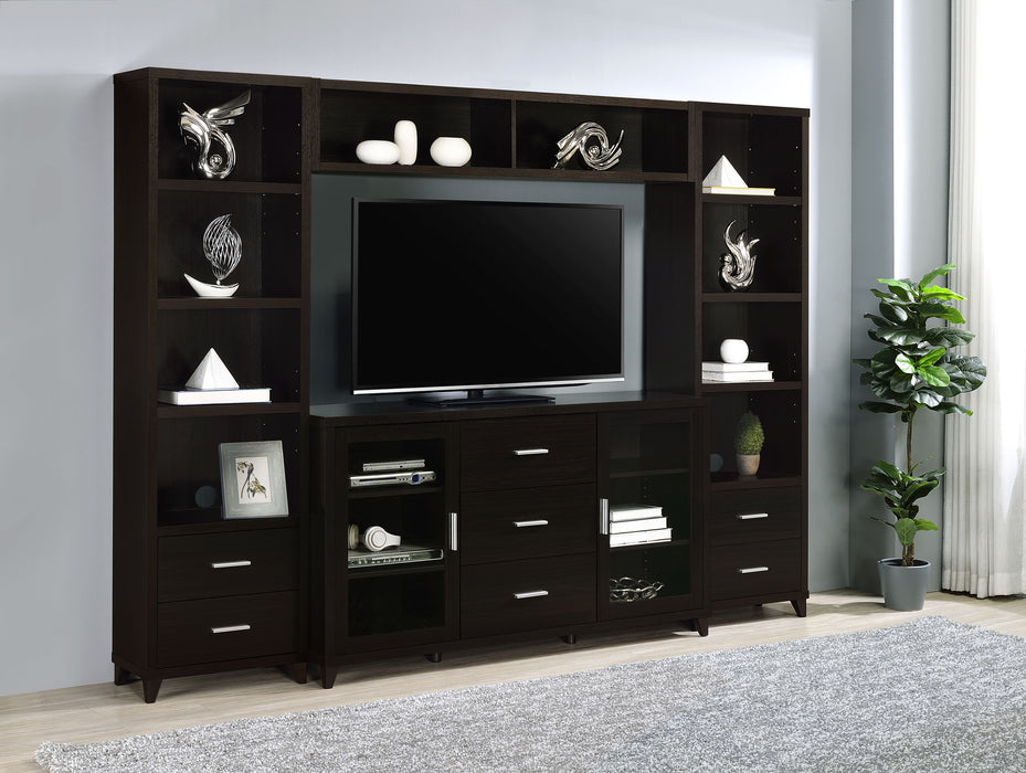 Lewes 2-door engineered wood TV stand in cappuccino finish, featuring sleek design and storage compartments, by CoasterEssence.