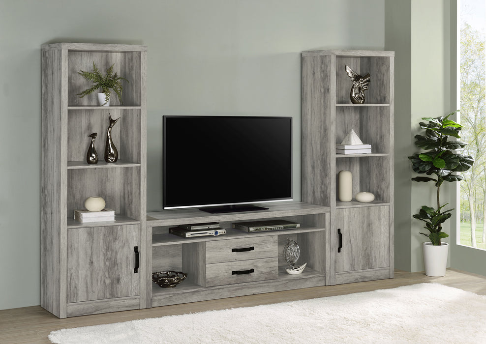 CoasterEveryday Burke 3-piece grey driftwood TV entertainment center with shelving and storage for living room decor.