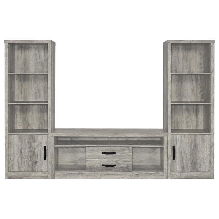Grey Driftwood CoasterEveryday Burke 3-piece 59-inch TV entertainment center with open shelves and storage compartments.