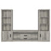 Grey Driftwood CoasterEveryday Burke 3-piece 59-inch TV entertainment center with open shelves and storage compartments.
