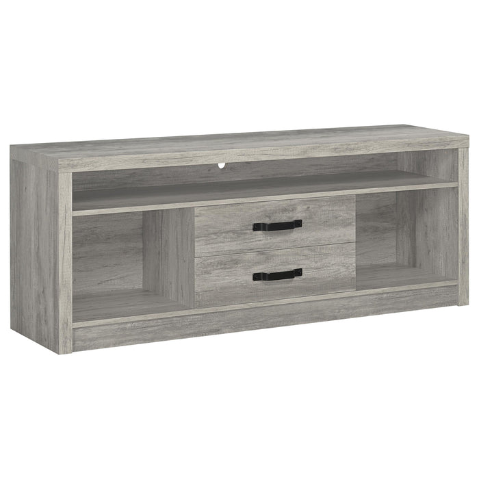 CoasterEveryday Burke 3-piece 59-inch TV entertainment center in grey driftwood finish, featuring storage cabinets and open shelving.
