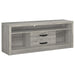 CoasterEveryday Burke 3-piece 59-inch TV entertainment center in grey driftwood finish, featuring storage cabinets and open shelving.