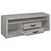 Grey Driftwood Burke 3-piece 59-inch TV entertainment center by CoasterEveryday, featuring storage cabinets and open shelving.