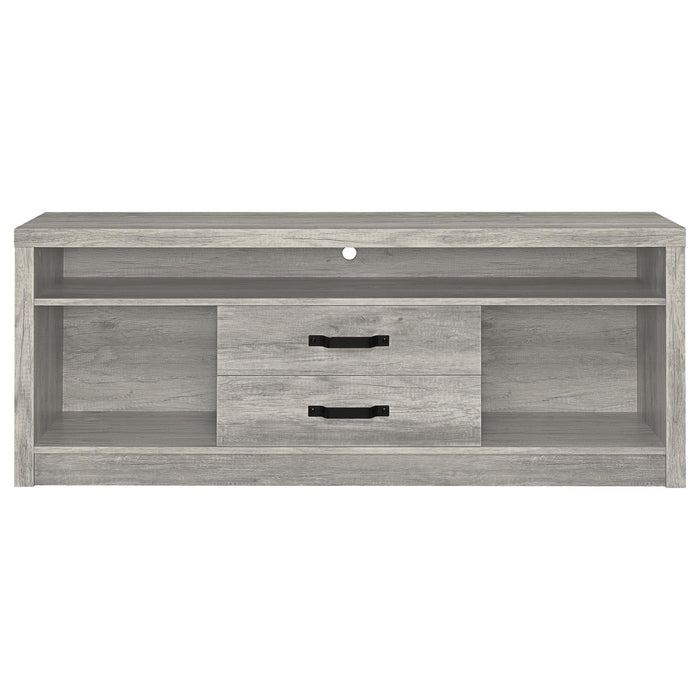 Grey Driftwood Burke 3-piece 59-inch TV entertainment center by CoasterEveryday, featuring multiple storage compartments and modern design.