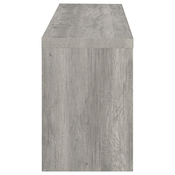 CoasterEveryday Burke 3-piece 59-inch grey driftwood TV entertainment center with open shelves and storage cabinets.