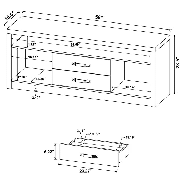 CoasterEveryday Burke 3-piece 59-inch grey driftwood TV entertainment center with open shelves and storage cabinets.