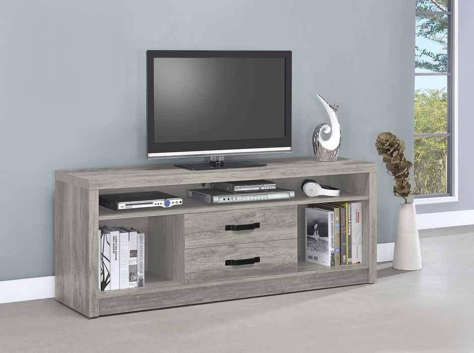 Grey Driftwood Burke 2-drawer engineered wood TV stand by CoasterEssence with a 59-inch length and modern furniture design.