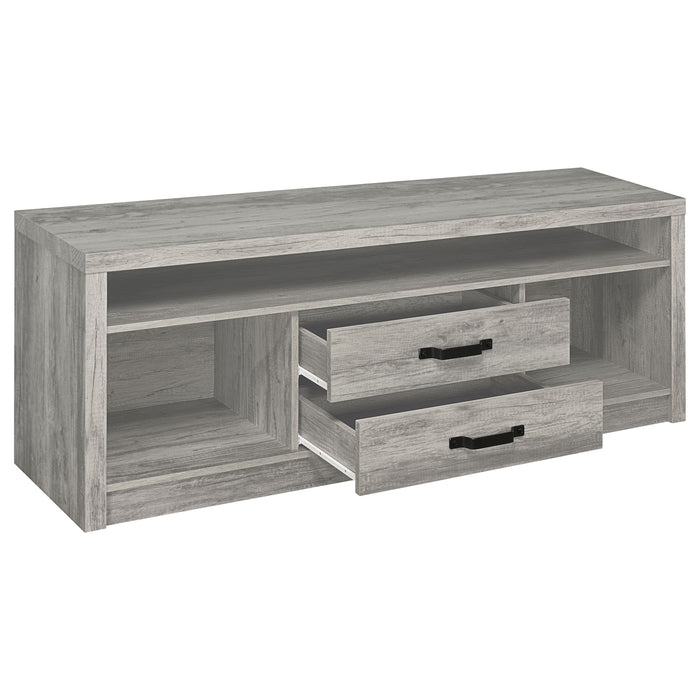 CoasterEssence Burke 2-drawer engineered wood TV stand in grey driftwood finish with spacious surface and modern design.