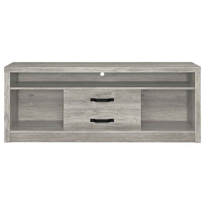 Grey driftwood Burke 2-drawer engineered wood TV stand with open shelf and modern design, suitable for living room entertainment centers.