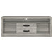 Grey driftwood Burke 2-drawer engineered wood TV stand with open shelf and modern design, suitable for living room entertainment centers.