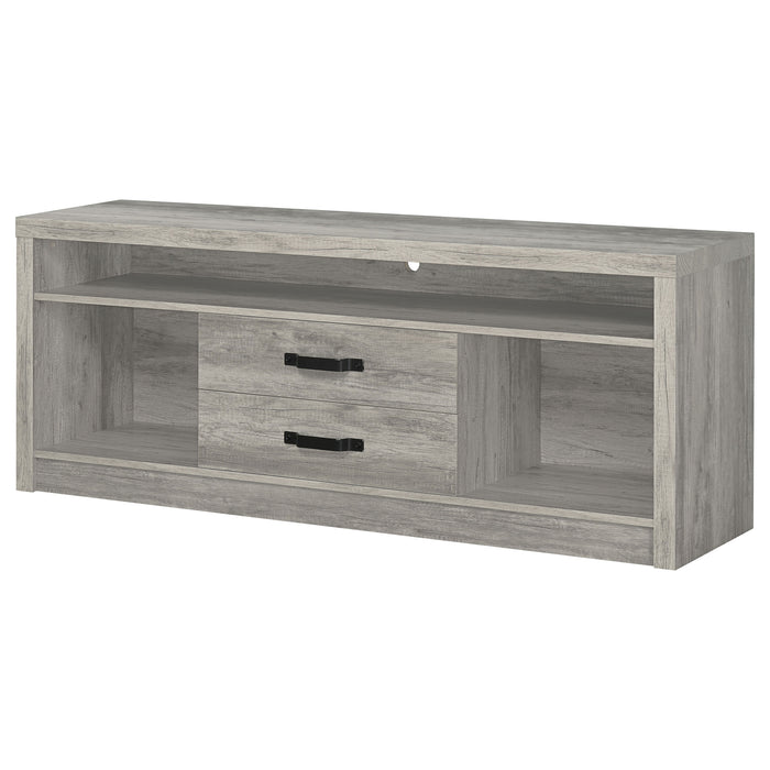 CoasterEssence Burke 2-drawer engineered wood TV stand in grey driftwood finish, 59 inches wide with modern design and storage drawers.