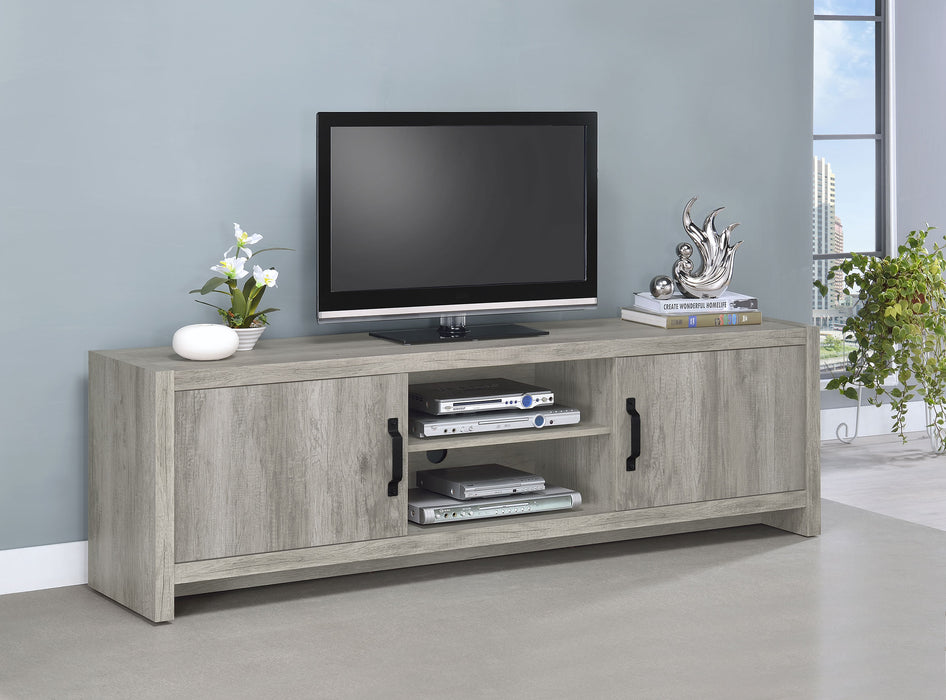 Grey driftwood Burke 2-door engineered wood TV stand by CoasterEssence, 71-inch wide with modern storage design.