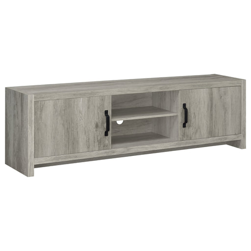 CoasterEssence Burke 2-door 71-inch TV stand in grey driftwood engineered wood with visible storage cabinets