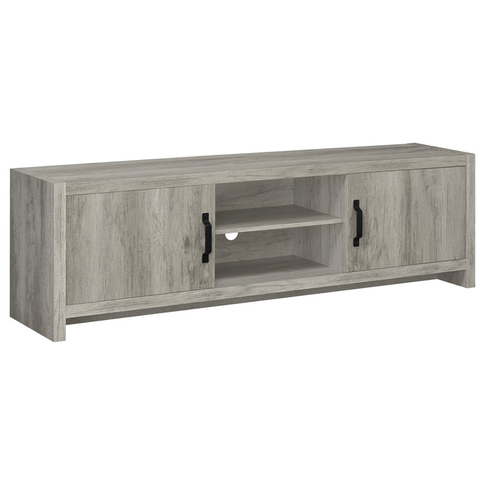 CoasterEssence Burke grey driftwood 2-door engineered wood TV stand, 71-inch with modern design and storage compartments.