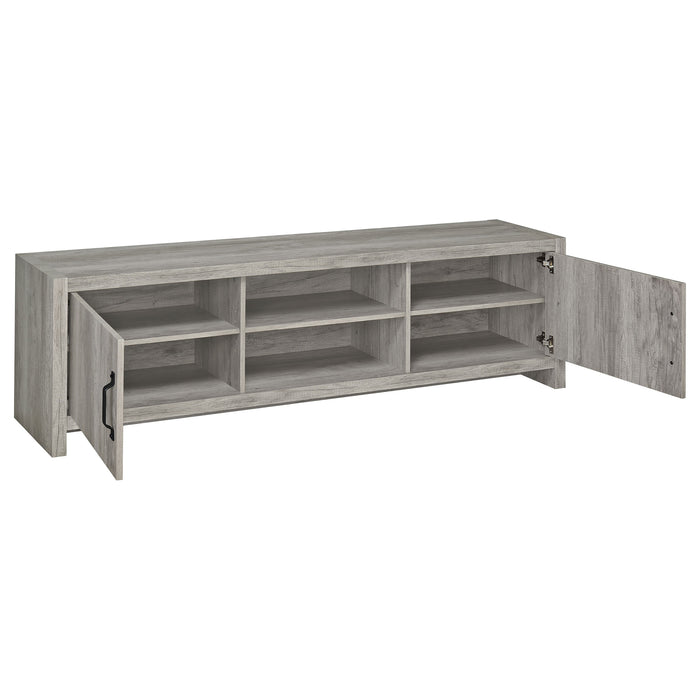 Grey driftwood Burke 2-door engineered wood TV stand by CoasterEssence with spacious storage and modern design.