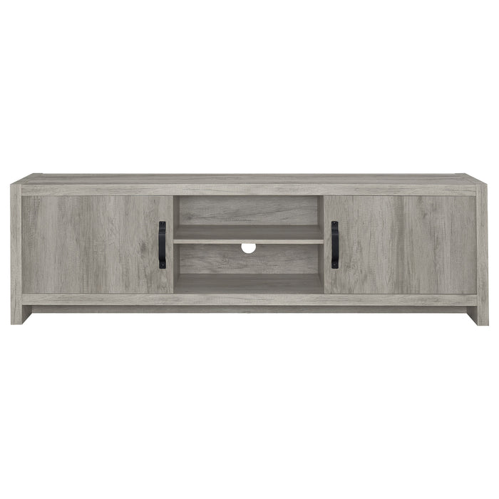 Grey driftwood CoasterEssence Burke 2-door engineered wood TV stand with ample storage and modern design.