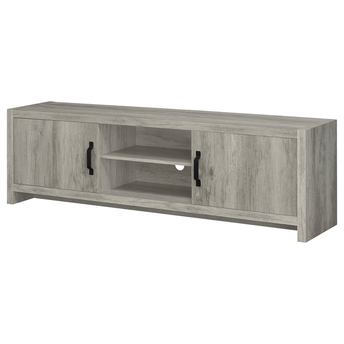 CoasterEssence Burke grey driftwood 2-door engineered wood TV stand, 71-inch furniture piece with modern design and storage compartments.